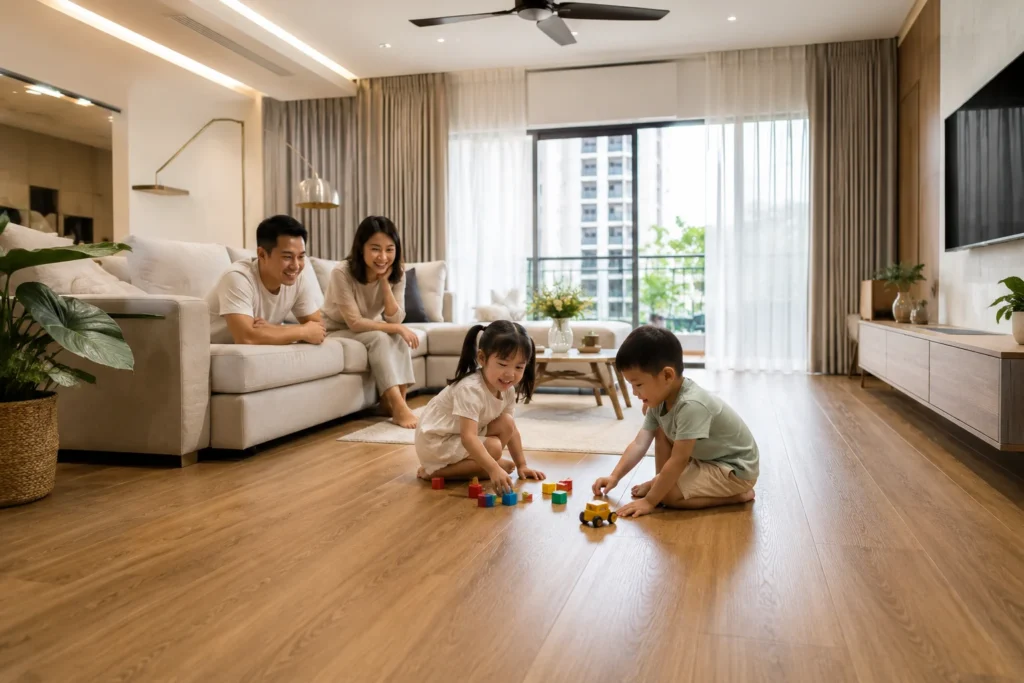 Singapore Family Enjoying Durable Laminate Flooring at Home Happy Singapore family relaxing in a modern living room with durable laminate flooring while children play safely on scratch-resistant wood-look floors.
