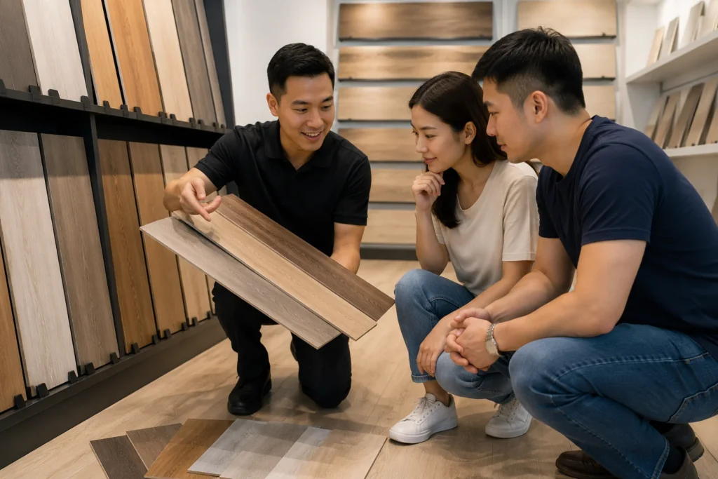 Singapore Flooring Consultant Showing Laminate Flooring Samples Professional flooring consultant presenting laminate flooring samples to homeowners in a modern Singapore showroom with various wood colors and textures.