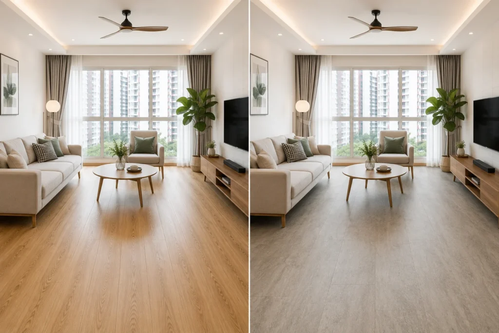 Laminate Flooring vs Vinyl Flooring Comparison in a Singapore Home Split-view modern Singapore home comparing laminate flooring and vinyl flooring with identical furniture, natural lighting, and visible floor texture differences.