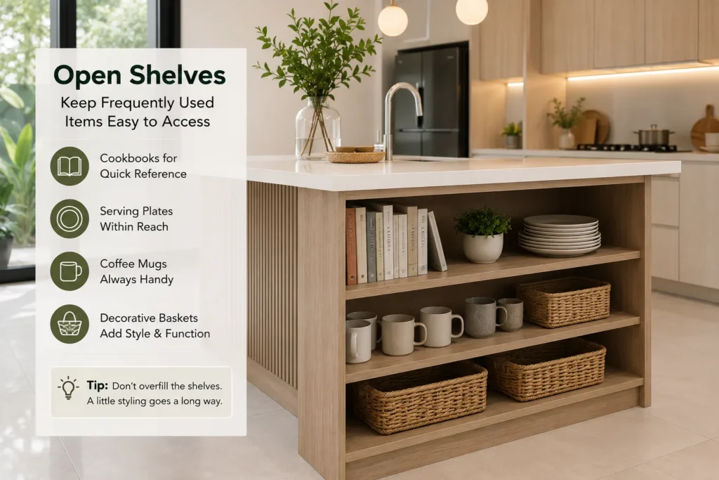 Open Shelves Kitchen Island Ideas Singapore for Smart Storage This image showcases a contemporary kitchen island with open shelving designed for Singapore homes. The shelves neatly display cookbooks, serving plates, coffee mugs