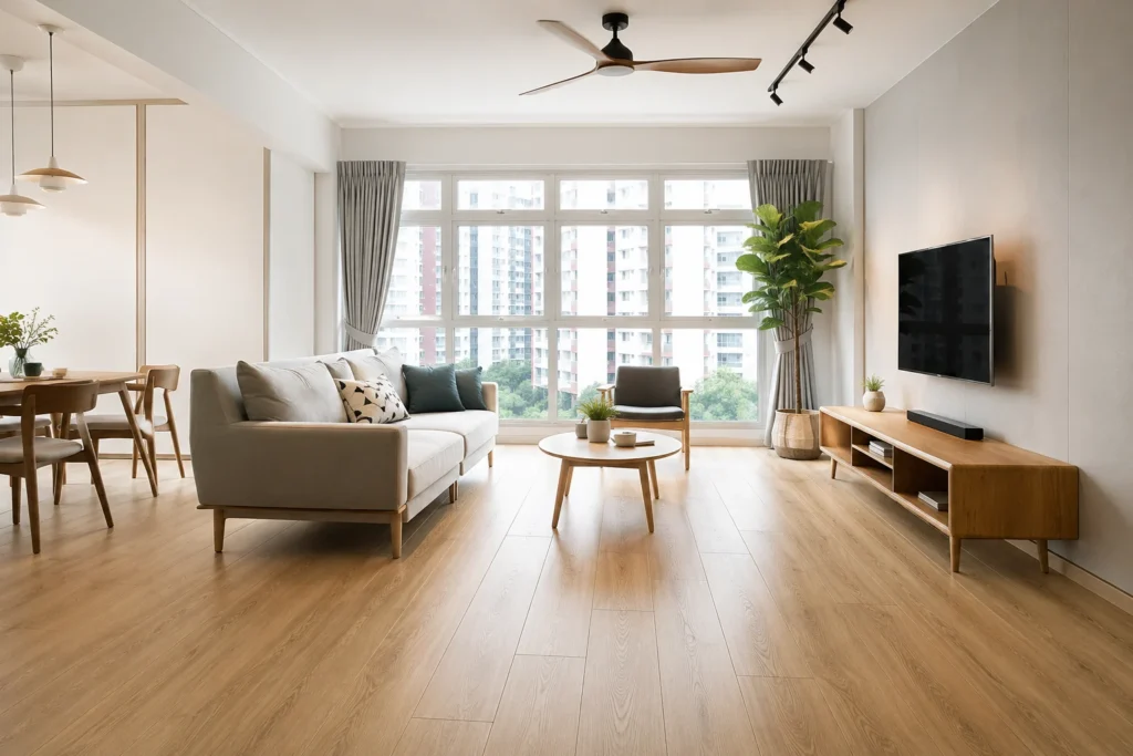 Modern Singapore HDB Living Room with Oak Laminate Flooring Bright modern Singapore HDB living room featuring premium oak laminate flooring, Scandinavian furniture, large windows, and a minimalist family-friendly interior.