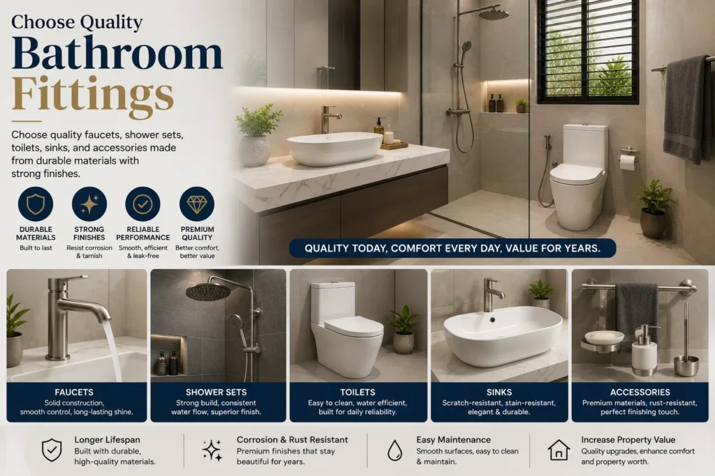 Quality Bathroom Fixtures for Bathroom Remodeling Singapore This image showcases high-quality bathroom fixtures designed for modern bathroom remodeling in Singapore. It features premium faucets, rainfall shower sets, stylish sink