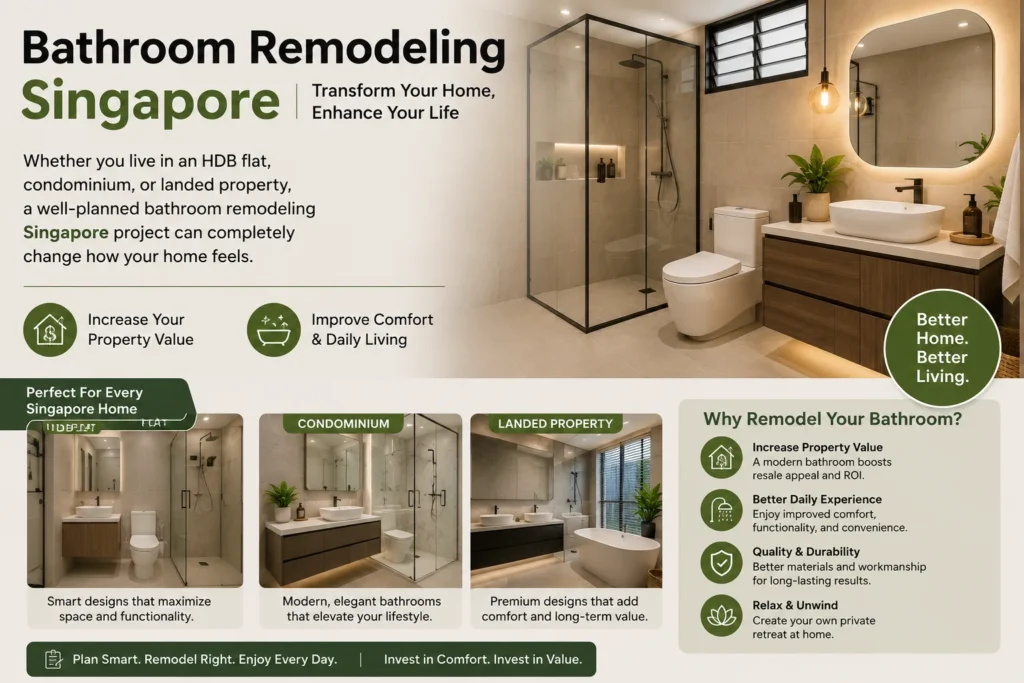 Bathroom Remodeling Singapore for HDB, Condo & Landed Homes This image showcases a modern bathroom remodeling project in Singapore with a spacious walk-in shower, floating vanity, elegant lighting, premium wall tiles