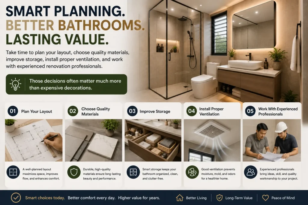 Smart Bathroom Remodeling Singapore Planning Guide This image highlights the essential elements of a successful Bathroom Remodeling Singapore project. It features a modern bathroom with a practical layout, premium tiles