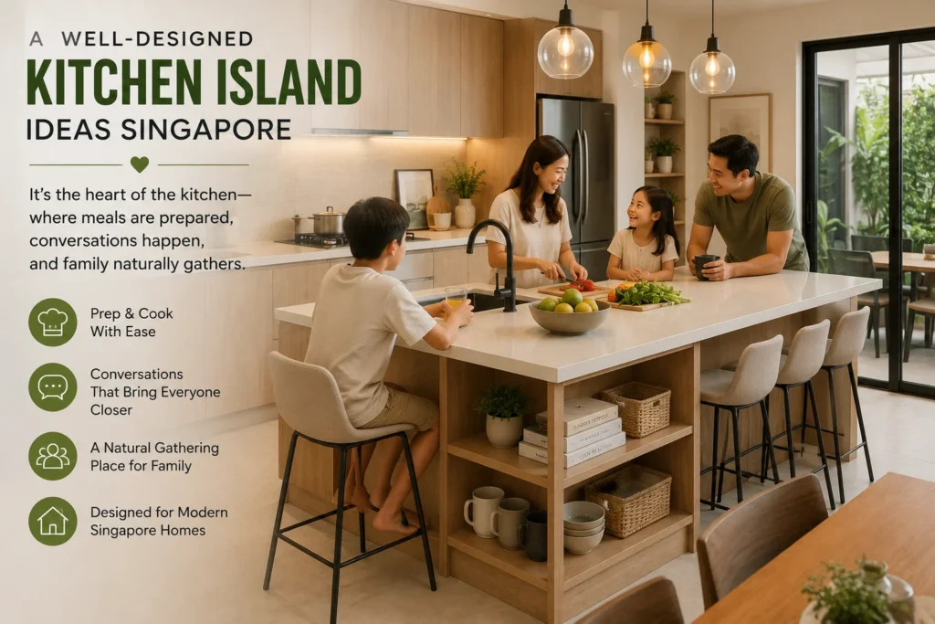 Kitchen Island Ideas Singapore – The Heart of Every Modern Home This image features a contemporary kitchen island in a modern Singapore home, showing a family preparing meals, enjoying conversations, and spending quality time together