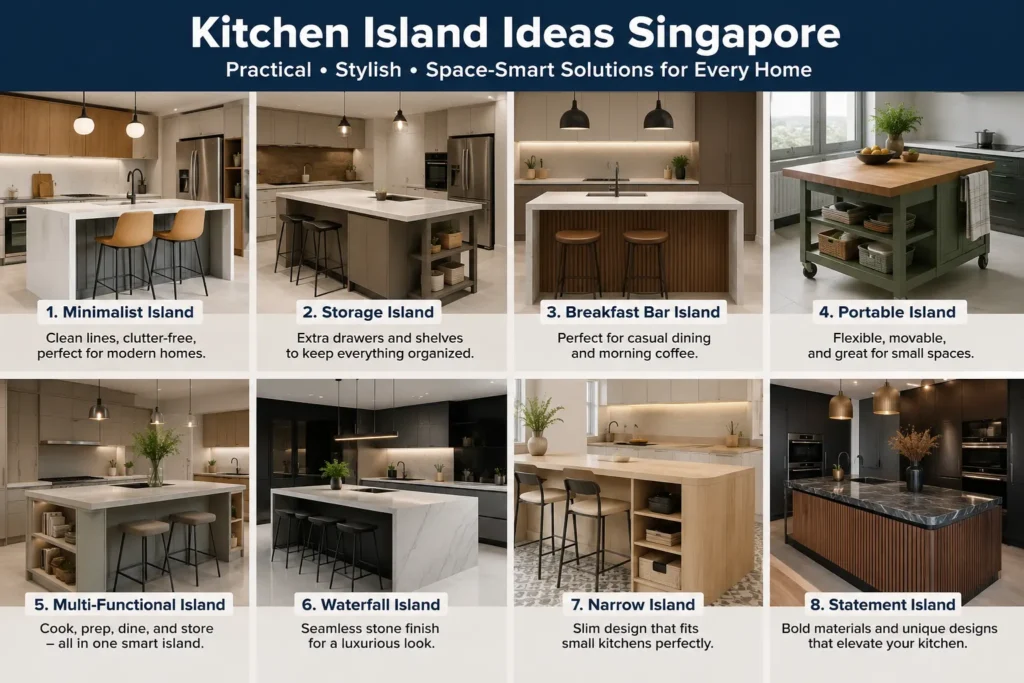 Kitchen Island Ideas Singapore – Practical & Stylish Designs for Modern Homes This image showcases a collection of modern kitchen island ideas suitable for Singapore homes. It features minimalist islands, breakfast bar islands, waterfall countertop designs,