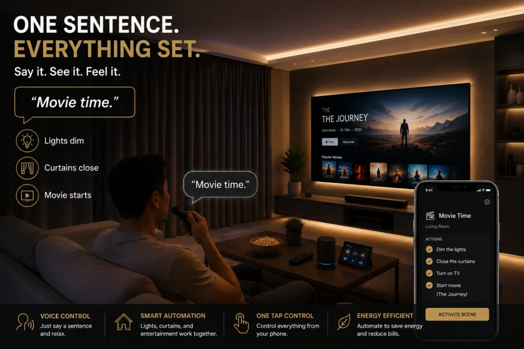Voice Controlled Smart Home Automation for Movie Mode This image showcases a modern smart home entertainment setup where a single voice command activates an automated movie scene. The smart home system dims the lights