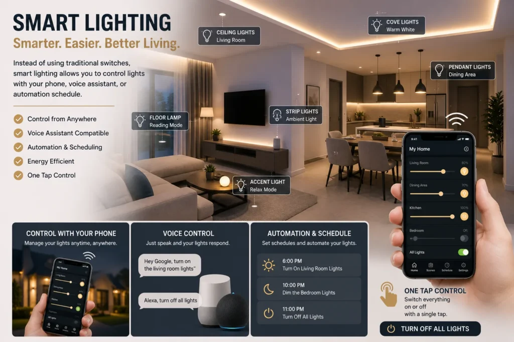 Smart Lighting Home Automation for Modern Homes This image showcases a modern smart home lighting system that allows homeowners to control lights using a smartphone app, voice assistant, or automation schedules.