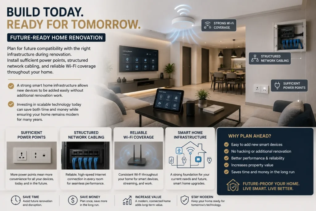 Future-Ready Smart Home Infrastructure for Modern Homes This image showcases a modern home designed with future-ready smart home infrastructure. It features structured network cabling, reliable whole-home Wi-Fi coverage