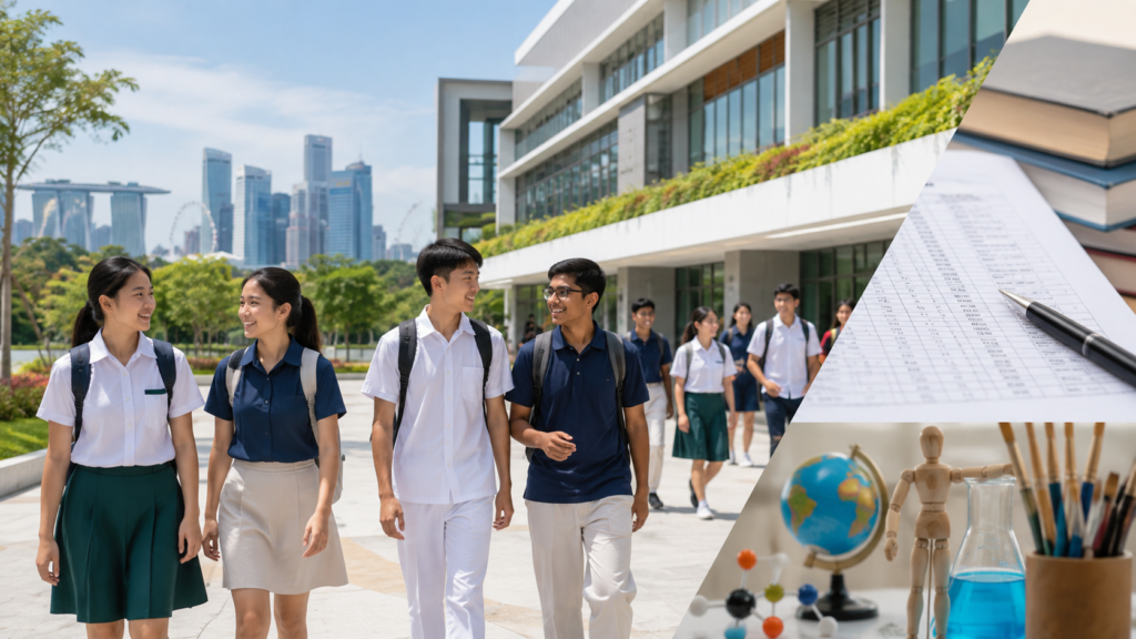 Singapore Junior College admissions with students, modern campus, L1R5 academic results, and Arts, Science and IB study pathways