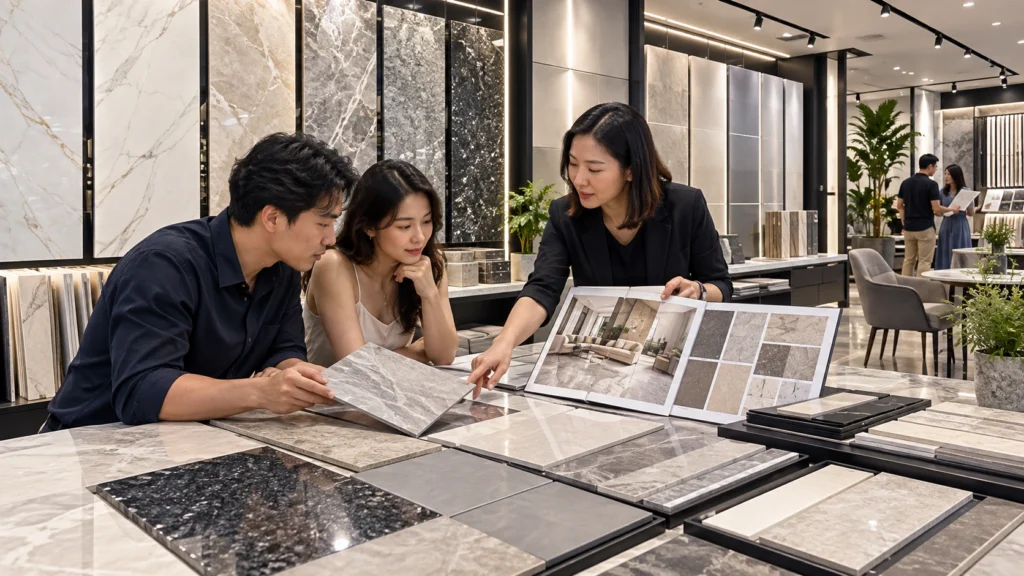 Professional Flooring Showroom Singapore | Ceramic, Porcelain, Marble & Granite Floor Tiles Professional flooring showroom in Singapore displaying ceramic, porcelain, marble, granite, and homogeneous floor tiles with customers comparing tile samples and interior design boards.