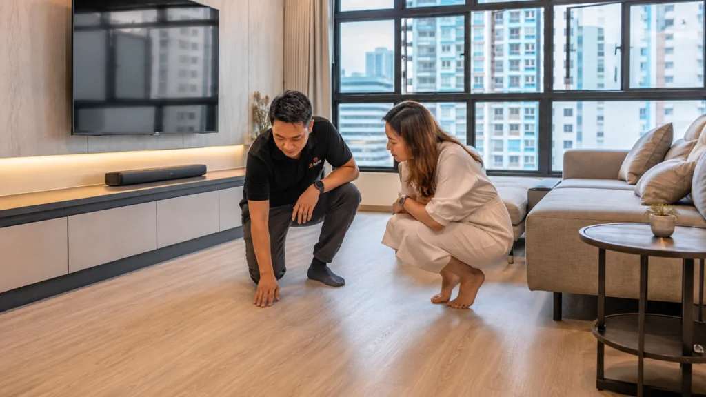 SPC and Vinyl Flooring Installation in Singapore HDB Living Room Professional flooring contractor inspecting premium SPC and vinyl flooring with a homeowner inside a modern Singapore HDB living room during a home renovation consultation.