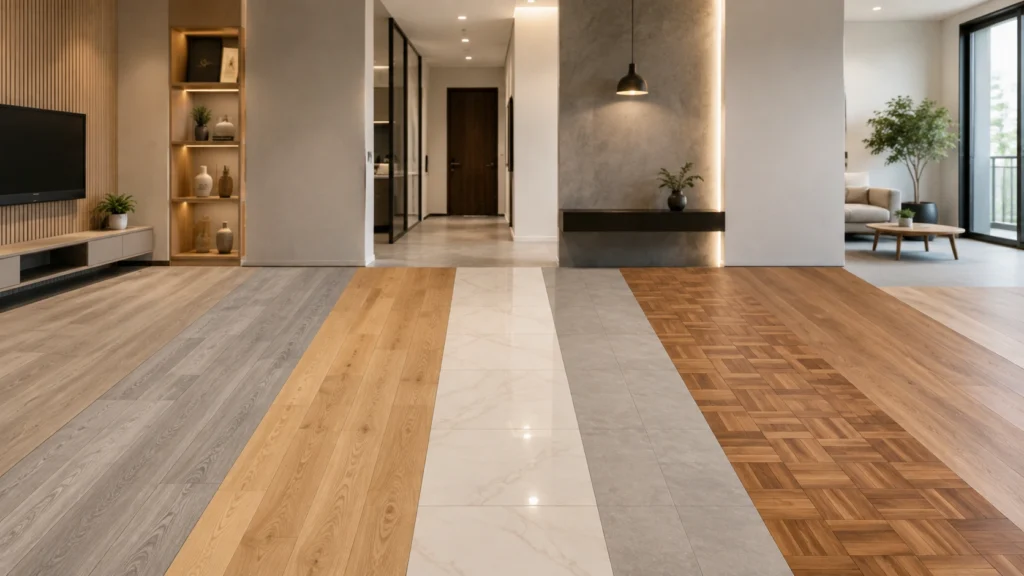 Best HDB Flooring Materials Singapore – Flooring Comparison HDB flooring materials in Singapore showing SPC flooring, vinyl flooring, laminate flooring, porcelain tiles, ceramic tiles, parquet flooring and engineered wood in a modern home interior.