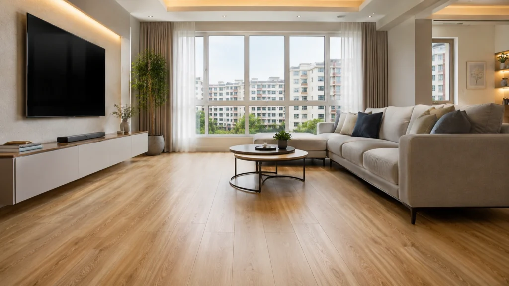 Best Flooring for HDB Singapore – SPC Flooring Best flooring for HDB Singapore with premium wood-look SPC flooring in a modern HDB living room