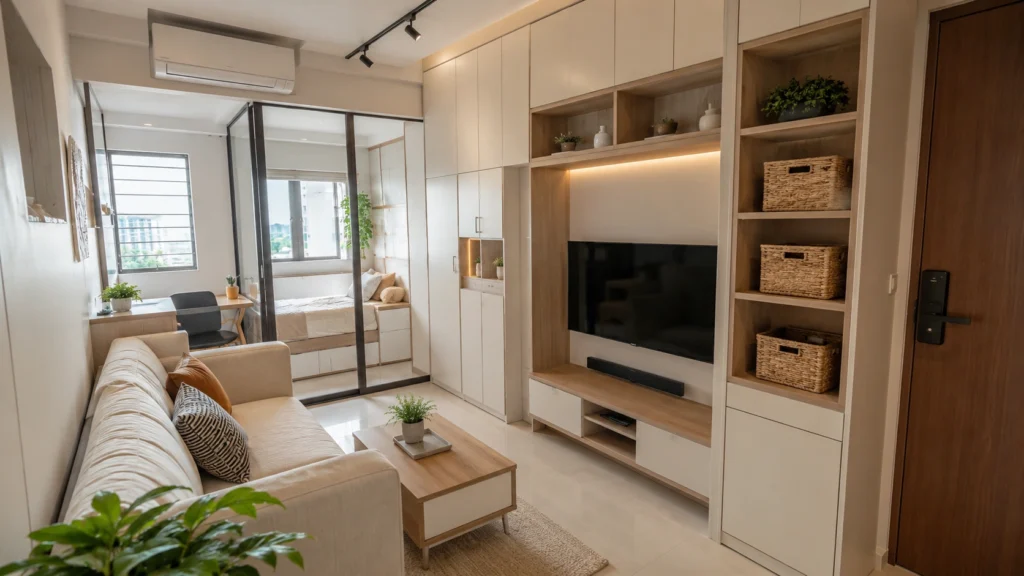 Small Singapore HDB Flat Interior Design Small Singapore HDB flat interior with space-saving furniture, built-in storage and modern minimalist design.