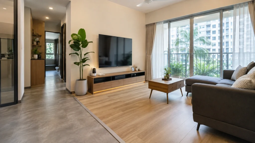 Modern HDB Flooring Singapore – Vinyl & Wood Look Bright modern HDB apartment in Singapore featuring stylish vinyl and wood-look flooring, contemporary furniture and a clean residential interior.