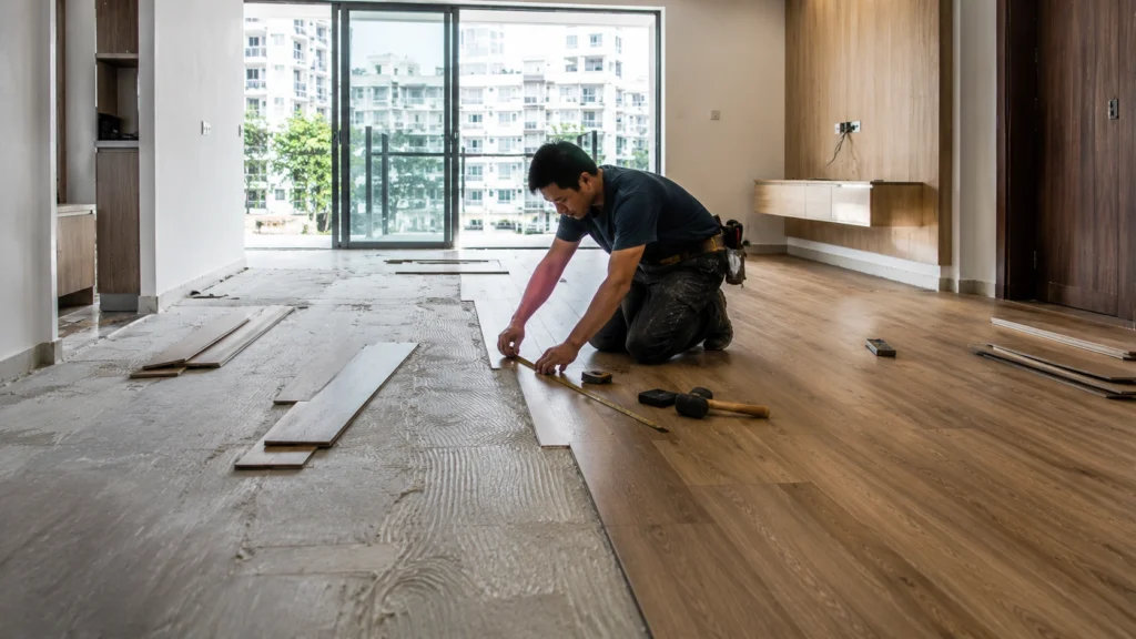 Professional Flooring Installation in Singapore HDB Apartment Professional flooring installer measuring and installing new flooring inside a modern Singapore HDB apartment with flooring planks, installation tools, prepared subfloor, and natural daylight.