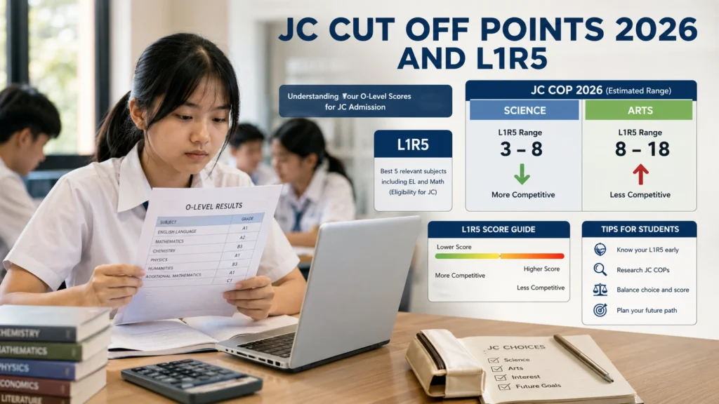 JC Cut Off Points 2026 and L1R5 score guide for Singapore students comparing Science and Arts courses