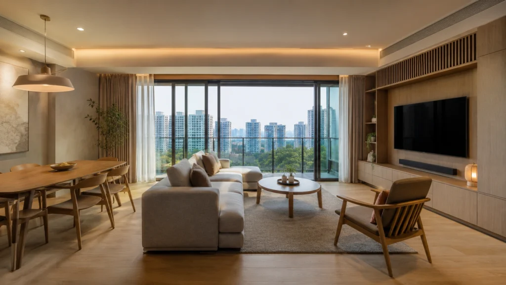 Modern Singapore Condo Living Room Interior Design Modern Singapore condominium living room interior with Japandi design, natural wood furniture and floor-to-ceiling windows