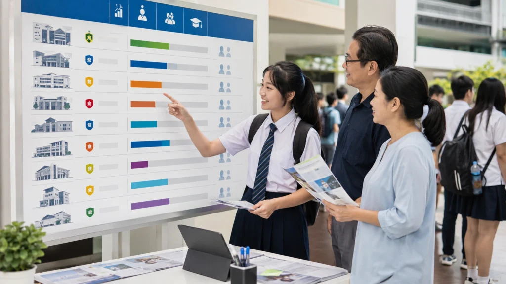 Singapore JC Comparison and L1R5 Score Guide 2026 Singapore Junior College comparison board showing students and parents reviewing JC options, score ranges and L1R5 concepts
