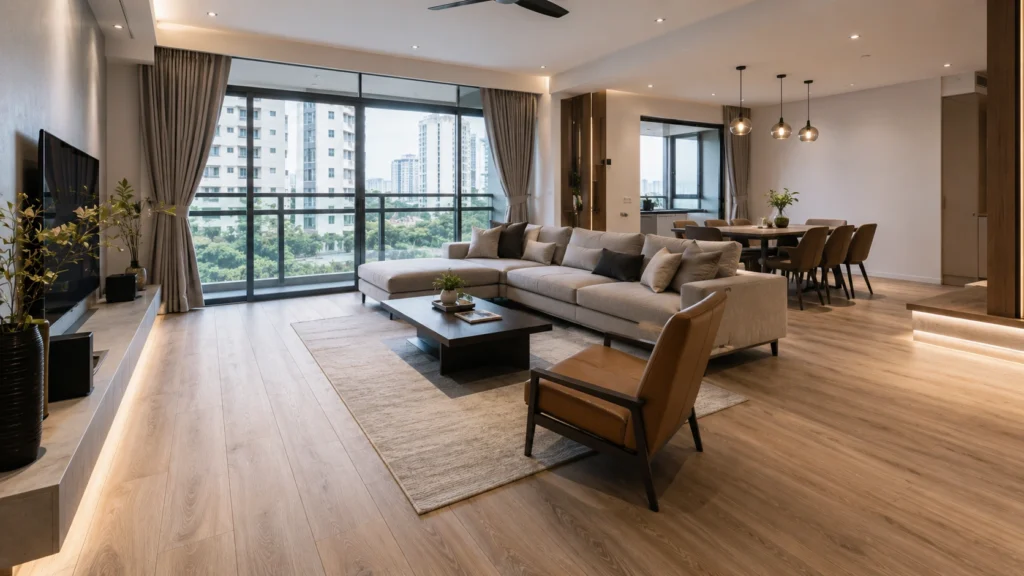 Modern Singapore HDB Living Room with Premium Wooden Flooring Installation Modern Singapore HDB apartment living room featuring professionally installed wooden-look flooring, stylish contemporary furniture, dining area, and bright natural daylight.