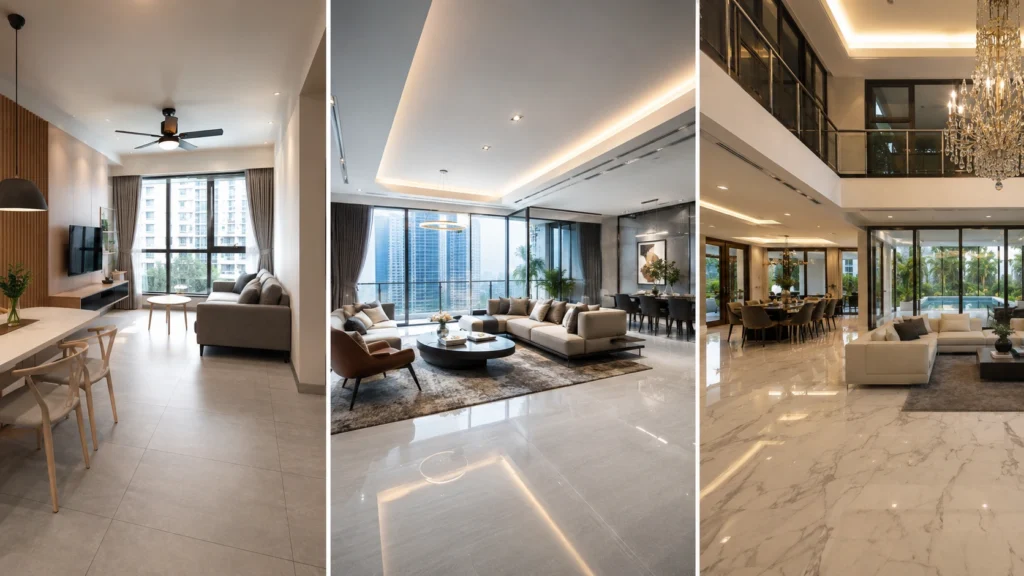 Modern Singapore Home Interiors with Premium Tile Flooring Comparison Side-by-side comparison of a modern Singapore HDB flat, luxury condominium, and landed house featuring porcelain, homogeneous, and marble tile flooring with elegant interior design.