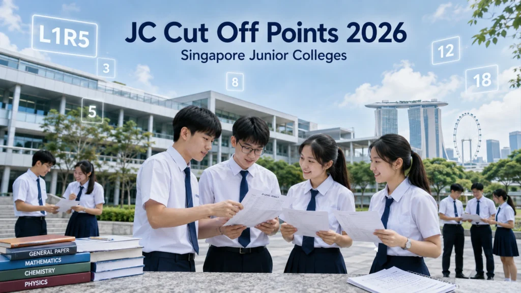 JC Cut Off Points 2026 in Singapore showing students comparing O-Level results and L1R5 scores for Junior College choices.