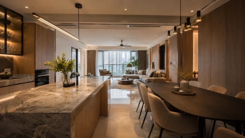 Luxury Condo Interior Design Singapore Luxury condo interior design Singapore with modern open-plan living, dining area and kitchen