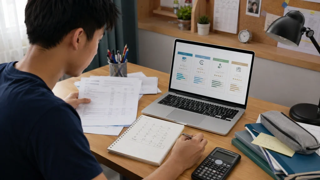 Singapore Student Planning Junior College Choices After O-Level Results Singapore student studying O-Level results and planning Junior College choices at a desk