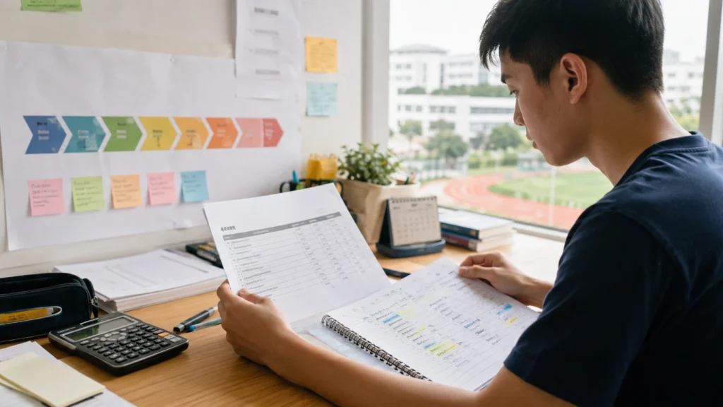 Singapore student comparing L1R5 score and Junior College admission options while reviewing O-Level results at a study desk