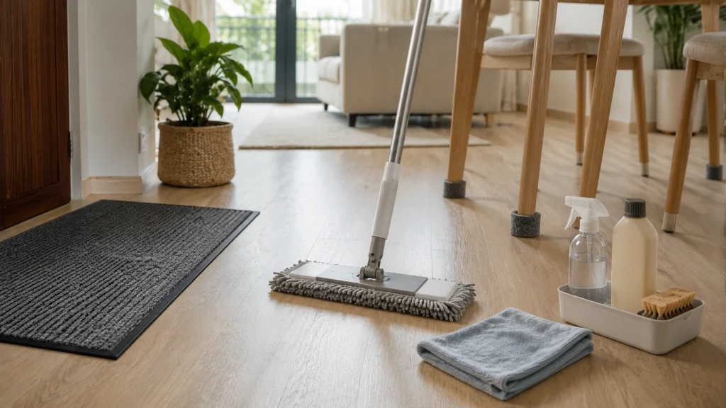 Flooring Maintenance Guide Singapore Floor maintenance in a Singapore home with microfiber mop, entrance mat and furniture floor protectors