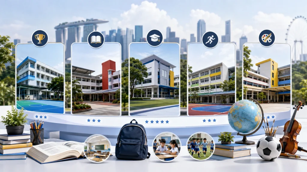 Singapore Primary School Comparison & Ranking Singapore primary school comparison showing school campuses, academic activities, sports, arts and classroom learning