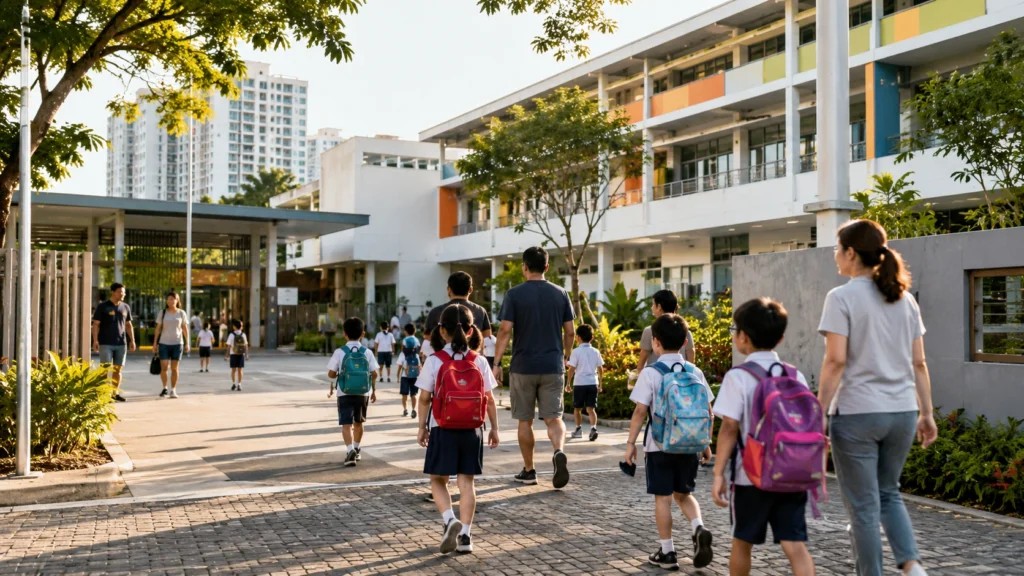 Singapore Primary School Campus with Students Modern Singapore primary school campus with children and parents arriving in the morning with school backpacks.