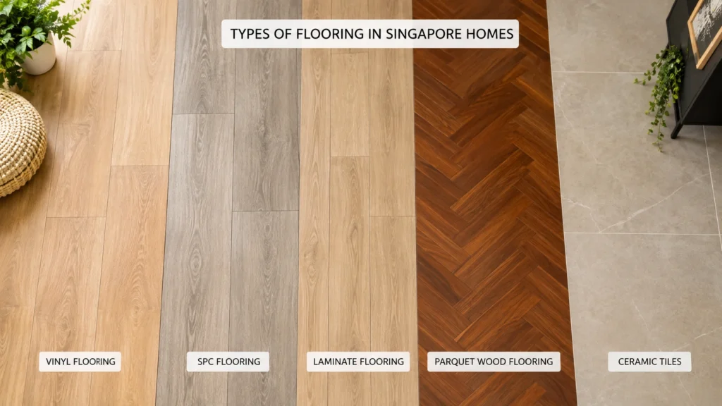 Types of Flooring in Singapore Homes: Vinyl, SPC, Laminate, Parquet & Ceramic Tiles Top view comparison of vinyl flooring, SPC flooring, laminate flooring, parquet wood flooring, and ceramic tiles arranged neatly in a modern Singapore flooring showroom.