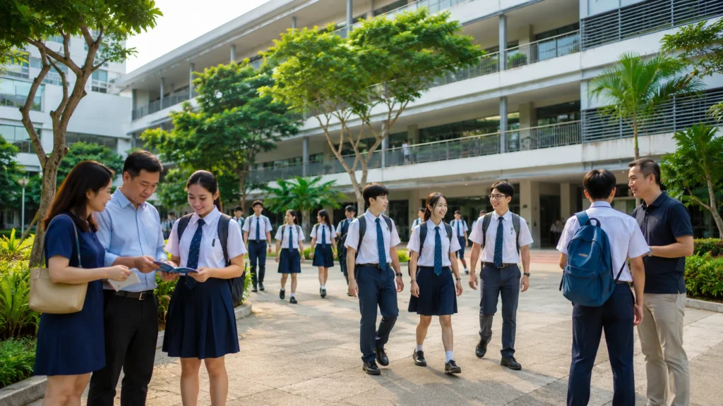Good Secondary Schools in Singapore Campus Modern Singapore secondary school campus with students in school uniforms and parents discussing school choices