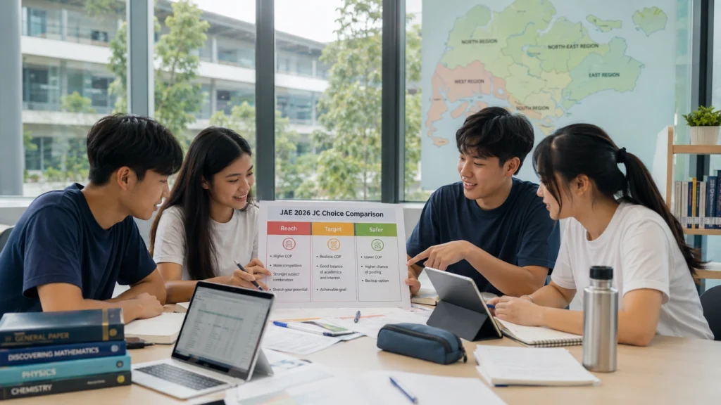 Singapore students comparing JAE 2026 Junior College choices using Reach, Target and Safer options