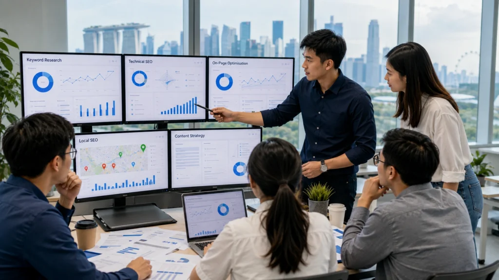 SEO Services Singapore – Digital Marketing & SEO Strategy SEO team in Singapore analysing keyword research, technical SEO, on-page optimisation, local SEO and content strategy