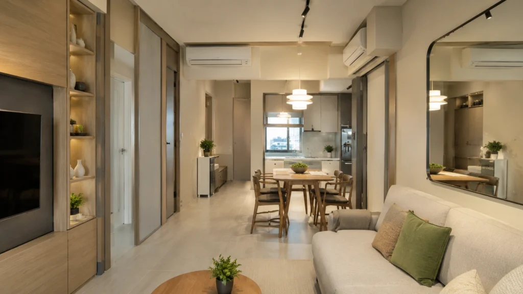 Small Singapore Condo Interior with Smart Space-Saving Design Photorealistic small Singapore condo interior with space-saving furniture, built-in storage, natural wood finishes, sliding doors and open living dining area.