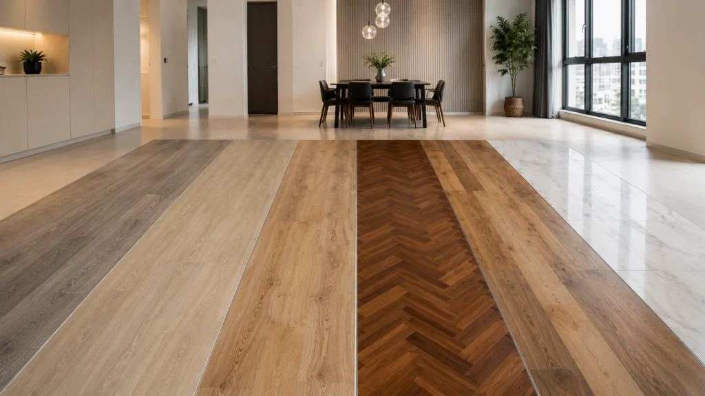 Modern Singapore HDB Living Room with Premium Wooden Flooring Installation Modern Singapore HDB apartment living room featuring professionally installed wooden-look flooring, stylish contemporary furniture, dining area, and bright natural daylight.