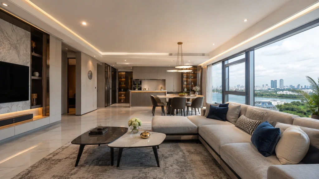 Porcelain Tile Flooring Singapore in a Modern Luxury Apartment Bright modern Singapore apartment featuring elegant porcelain tile flooring, spacious open-concept living room, minimalist interior design, contemporary furniture, and large windows with natural sunlight.