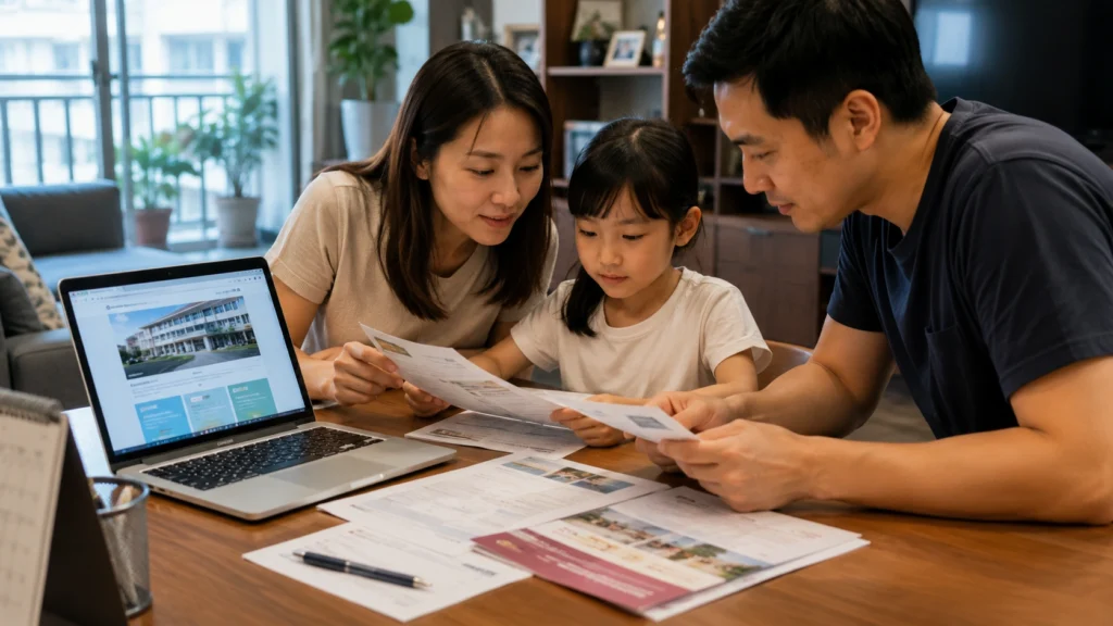 Singapore Primary School P1 Registration 2026 Singapore parents reviewing Primary 1 school registration documents with their child at home