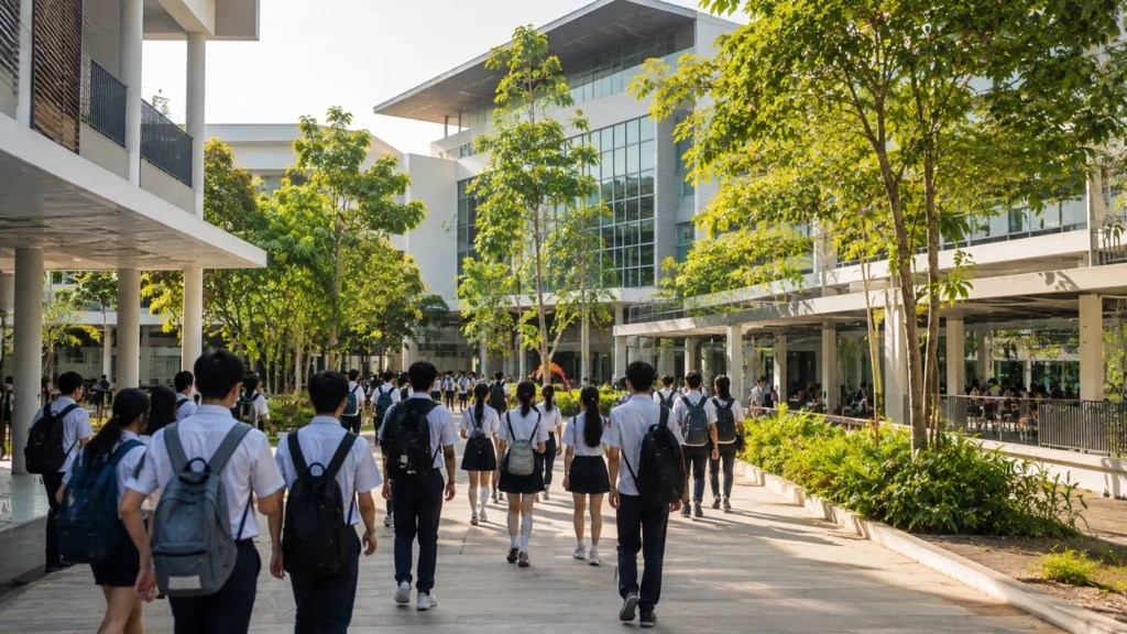 Singapore Junior College Campus in the Morning Students walking toward a modern Singapore junior college campus in the morning