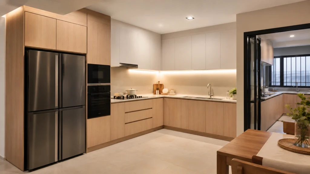 modern-singapore-hdb-apartment-interior Modern Singapore HDB apartment interior with light wood flooring, built-in storage, minimalist furniture and bright natural lighting.