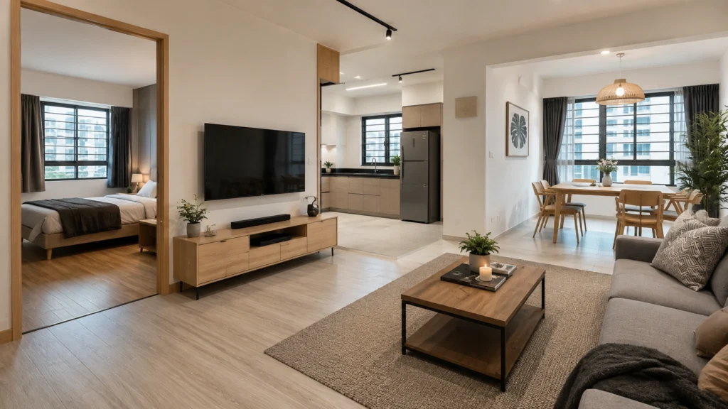 Best Flooring for HDB Singapore – Modern Apartment Flooring Modern Singapore HDB apartment showing SPC flooring in the living room, laminate flooring in the bedroom, porcelain kitchen tiles and vinyl flooring in the dining area.