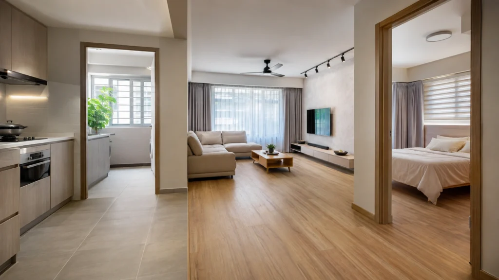 Vinyl vs Porcelain Tile Flooring Singapore Vinyl vs porcelain tile flooring in a modern Singapore HDB apartment
