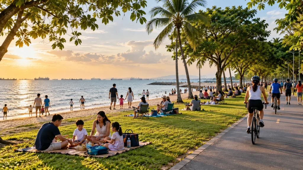 East Coast Park Singapore Families enjoying East Coast Park Singapore with beach picnics cycling and seaside activities