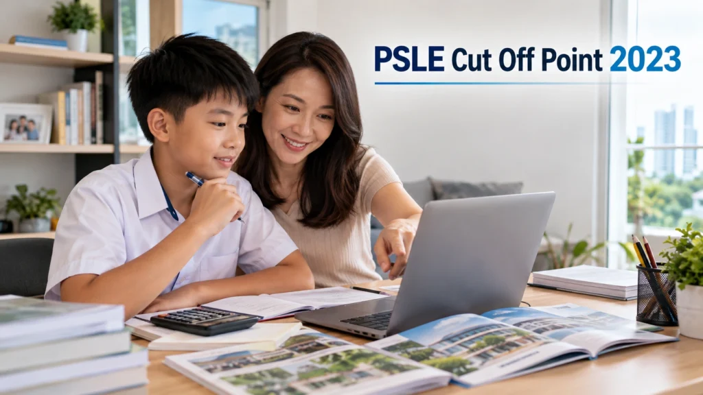 Singapore parent and Primary 6 student reviewing secondary school choices and PSLE cut off point 2023 information.