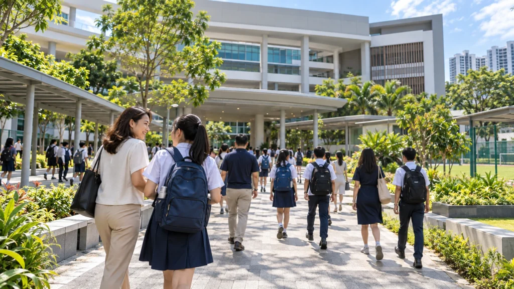 Secondary 1 Admission Singapore Singapore students and parents arriving at a secondary school campus during Secondary 1 admission season.