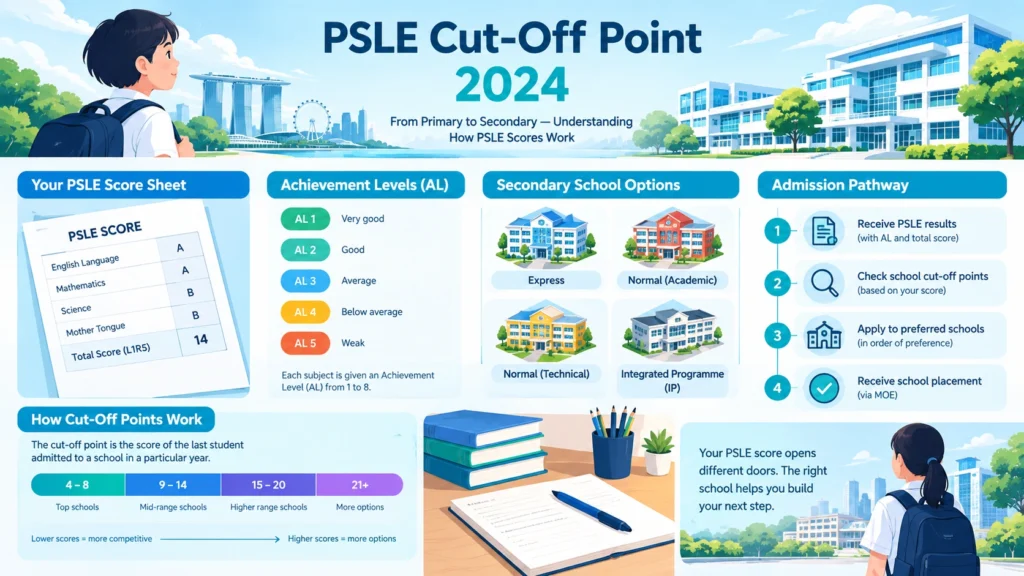 PSLE Cut-Off Point 2024 Singapore infographic showing PSLE scores, Achievement Levels and secondary school admission