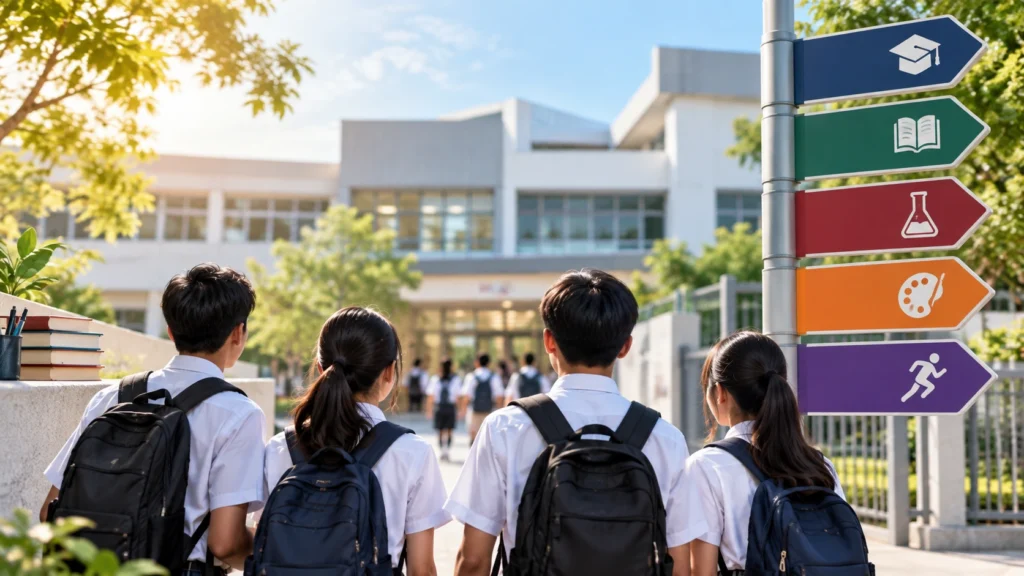 Secondary School Cut Off Point Singapore Singapore secondary school students entering a school campus while exploring education pathways and secondary school cut off points.